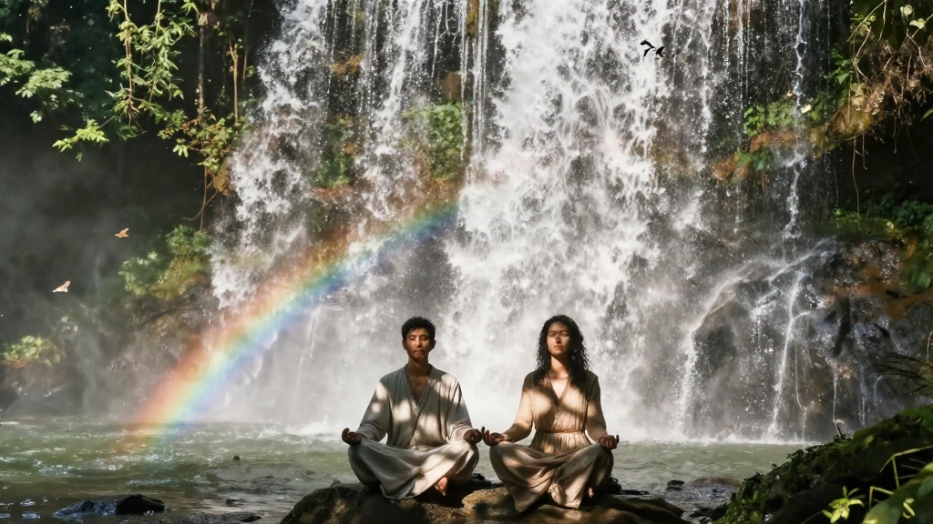 Meditação Guiada: Descobrindo origem, um homem e uma mulhere meditando a beira de uma linda cachoeira