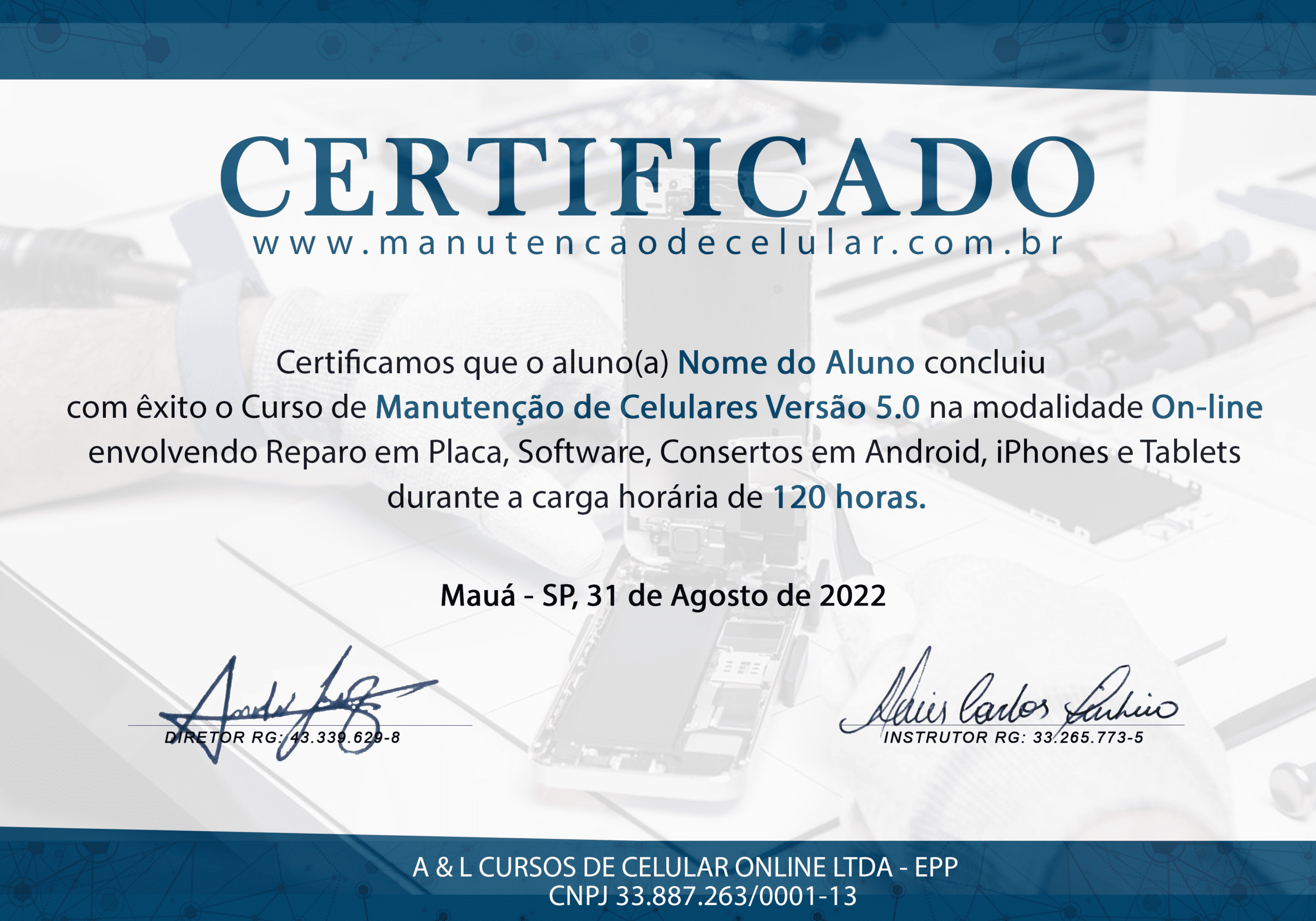Certificado com CNPJ após a conclusão do curso para consertar celulares