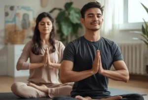 Ilustração de um homem e uma mulher fazendo meditação