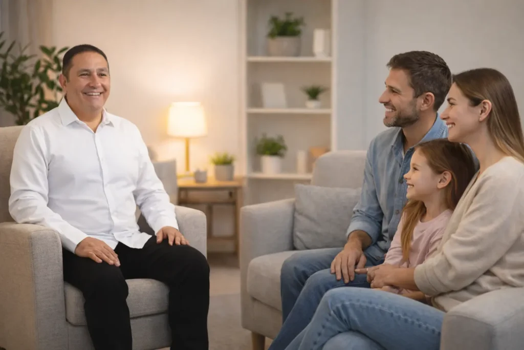 O Terapeuta emocional numa sessão terapêutica com uma família.