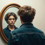 "Pessoa refletindo sobre seu comportamento diante de um espelho, simbolizando o transtorno de personalidade narcisista."