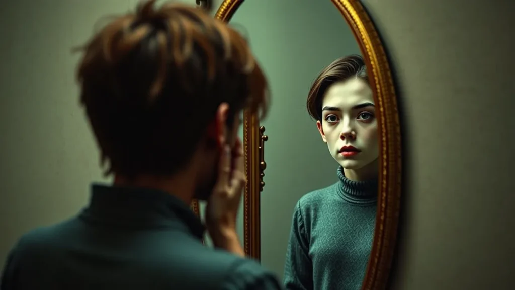 Pessoa refletindo sobre seu comportamento diante de um espelho, simbolizando o transtorno de personalidade narcisista.