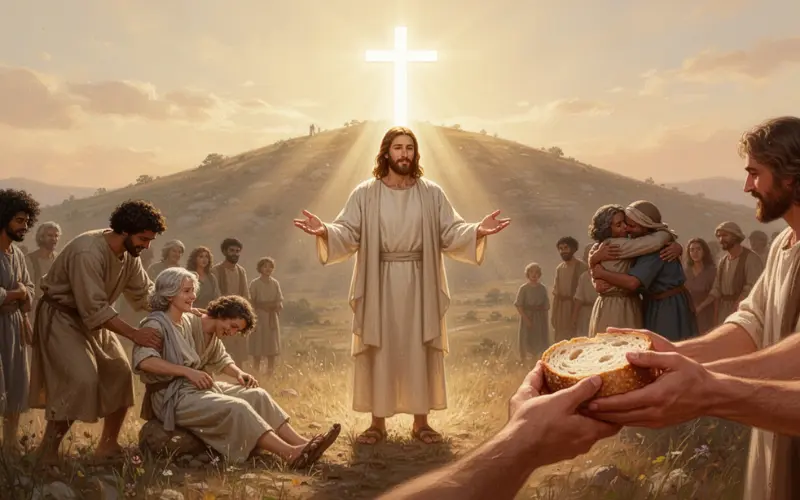 imagem de Jesus demostrando o ato de compartilhar o seu pão, pois ele é o pão da vida.