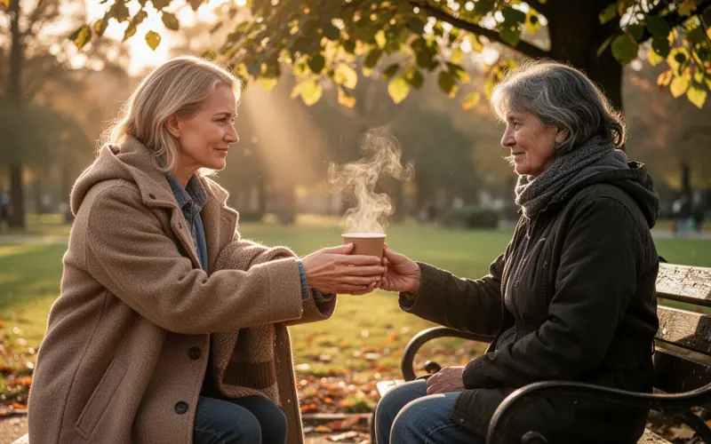 Imagem de uma mulher usando de compaixão dando uma xícara de achocolatado quente para uma moradora de rua que está numa praça sentada.