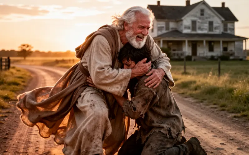 O pai do filho pródigo o abraçando com muita ternura e amor pela a sua volta a sua casa.