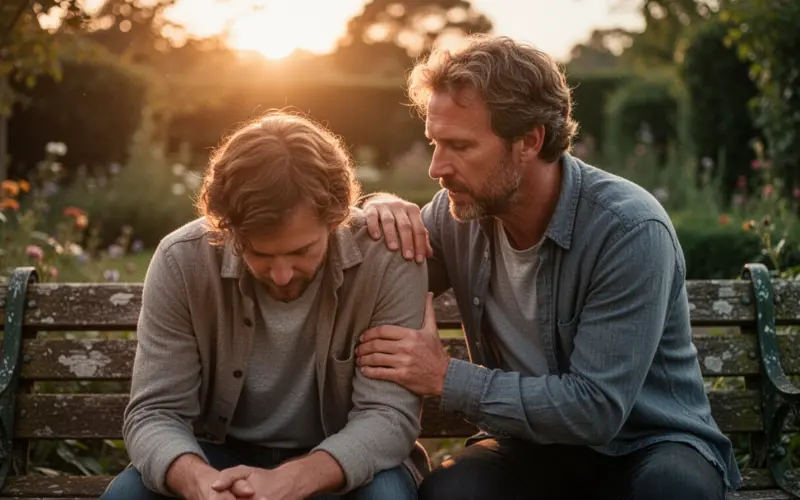 Um homem de meia idade escutando as angústias, tristezas e queixas de um rapaz cabisbaixo e sem direção.