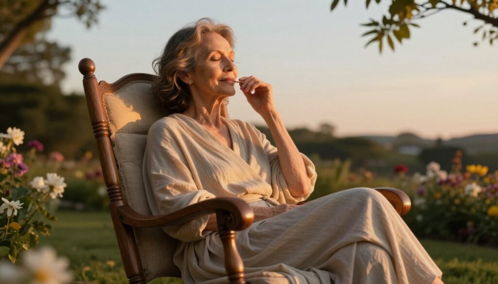 Exercícios de Respiração para Vencer a Ansiedade, uma senhora sentada numa cadeira fazendo uma respiração longa e suave e relaxante