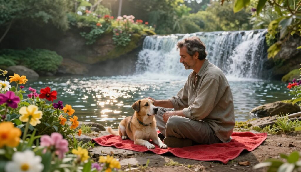 Meditação para Ansiedade: Um Caminho para a Calma, um homem relaxando com o seu cachorro a beira de uma cascata