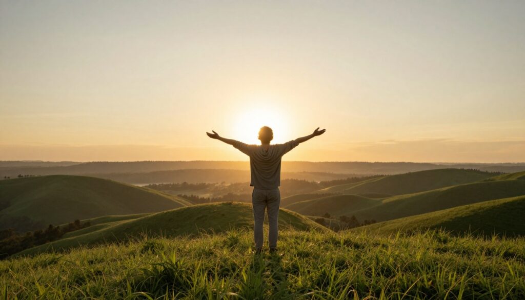 "Pessoa libertada olhado o horizonte, simbolizando a superação do abuso narcisista e novos começos."