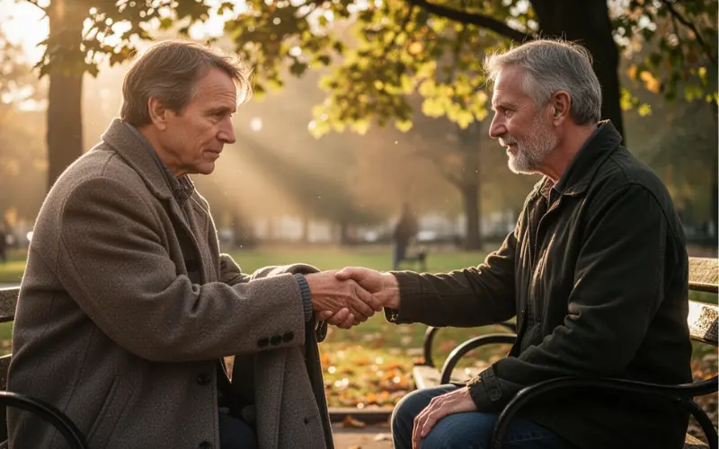 imagem de um um homem idoso dando um casaco para um outro homem idoso morador de rua, expressando bondade e compaixão.