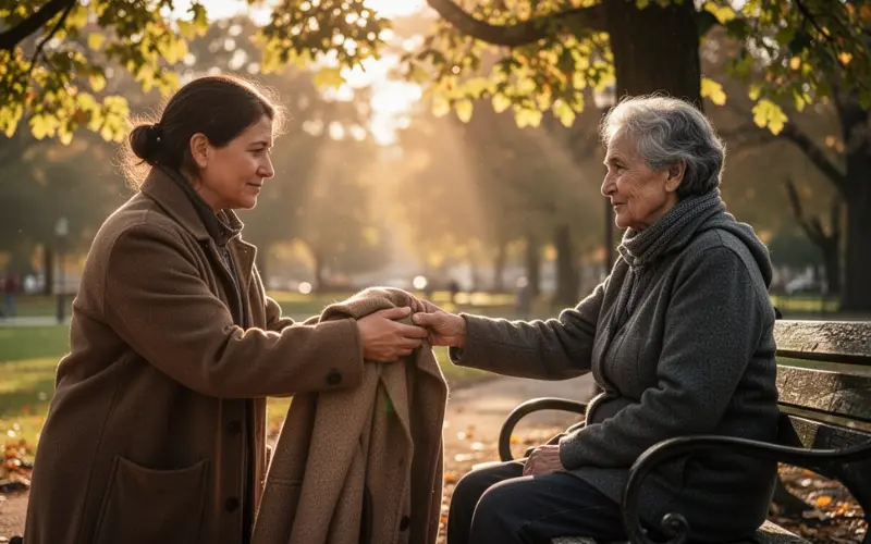Imagem de uma mulher dando um casaco para uma moradora de rua numa praça