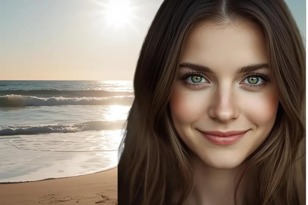 Imagem de uma linda mulher na beira da praia tomando sol para desfrutar do sol , e para ter vitamina D3 no corpo