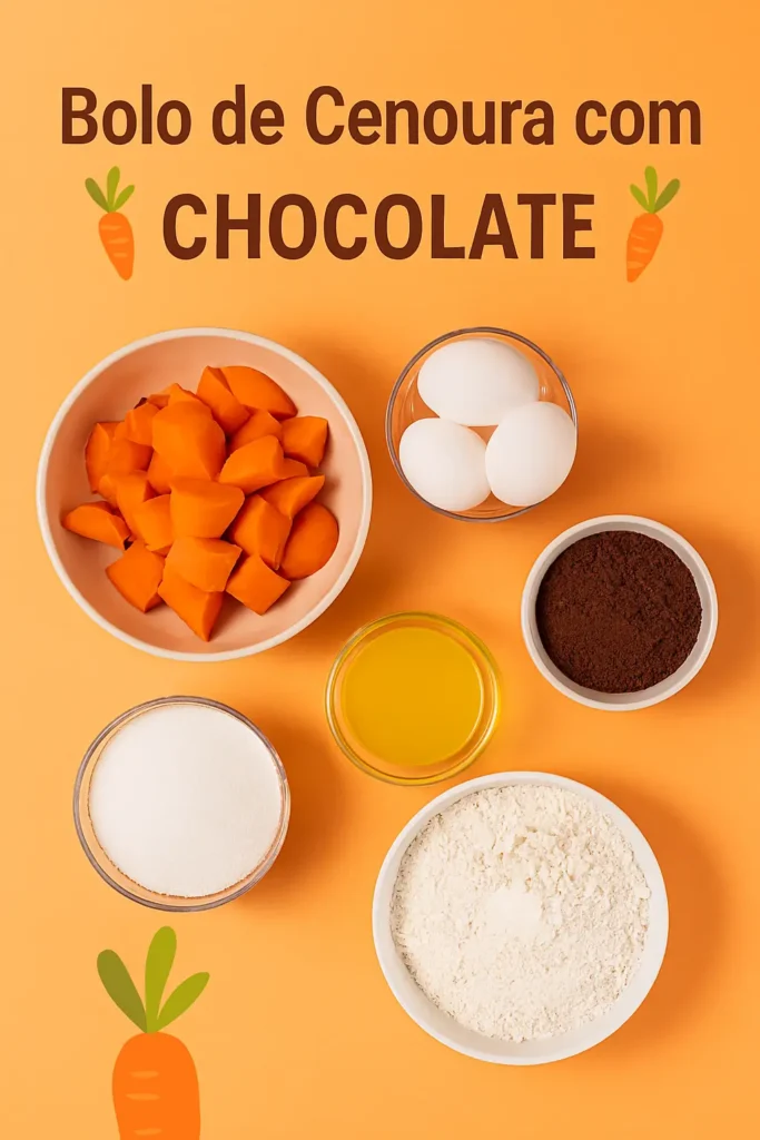 ngredientes para bolo de cenoura com cobertura de chocolate dispostos na bancada.