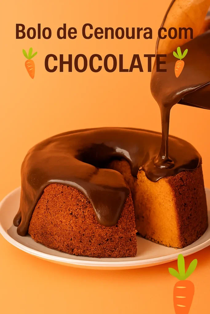 Cobertura de chocolate escorrendo sobre bolo de cenoura pronto.