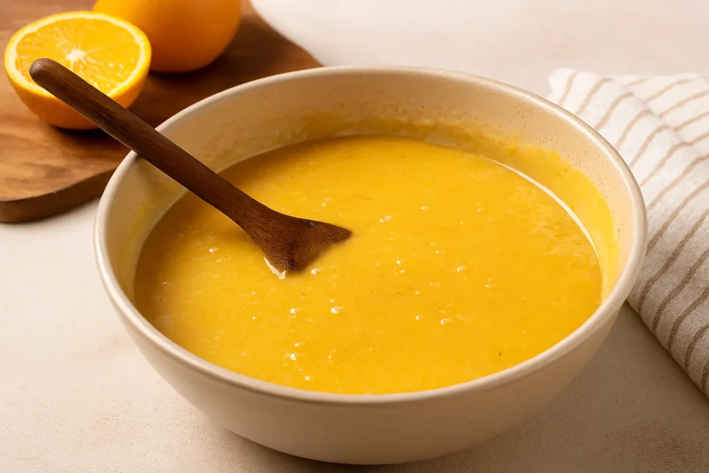 Massa de bolo de laranja sendo misturada em tigela com espátula, textura cremosa e fundo de cozinha caseira