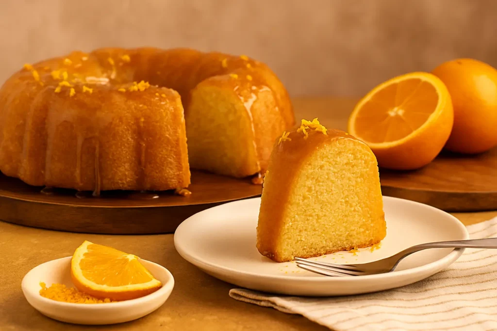 Bolo de laranja com calda brilhante escorrendo sobre a superfície, servido em bandeja de madeira com fundo caseiro