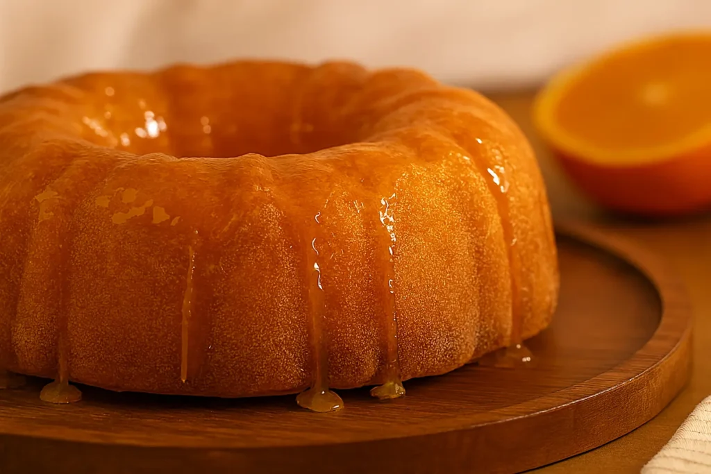 Bolo de laranja com calda brilhante escorrendo sobre a superfície, servido em bandeja de madeira com fundo caseiro