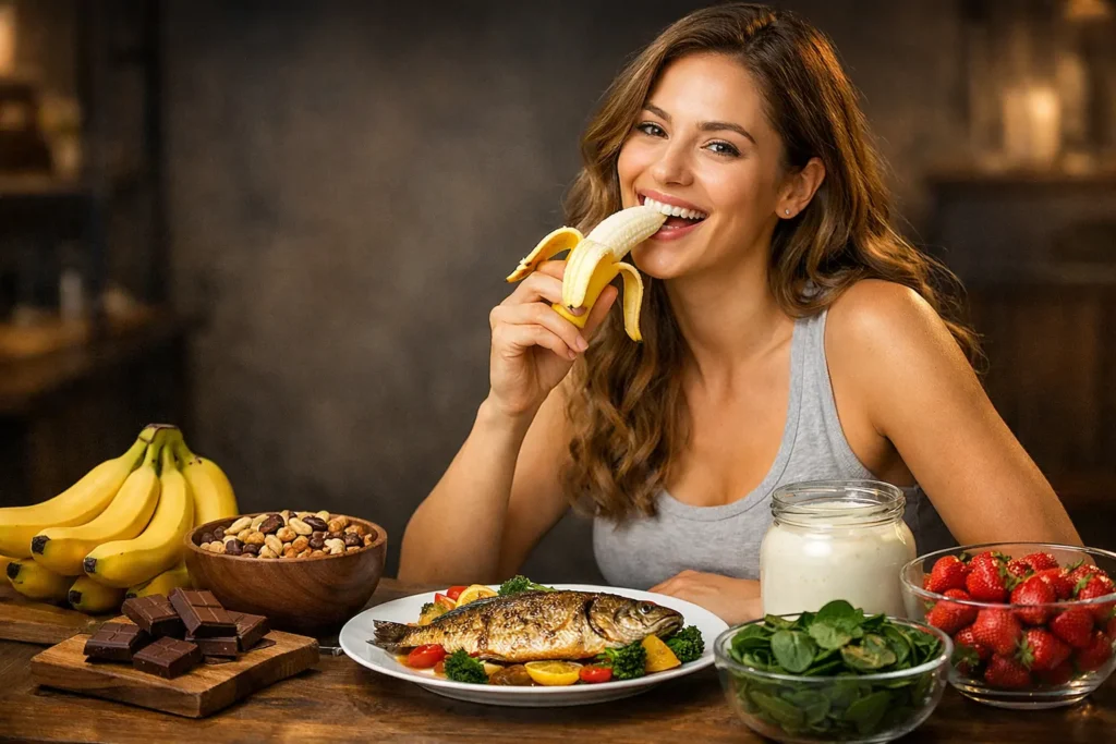 7 Alimentos que Combatem a Ansiedade:  Você Já Tem na Cozinha, uma mulher degustando os alimentos