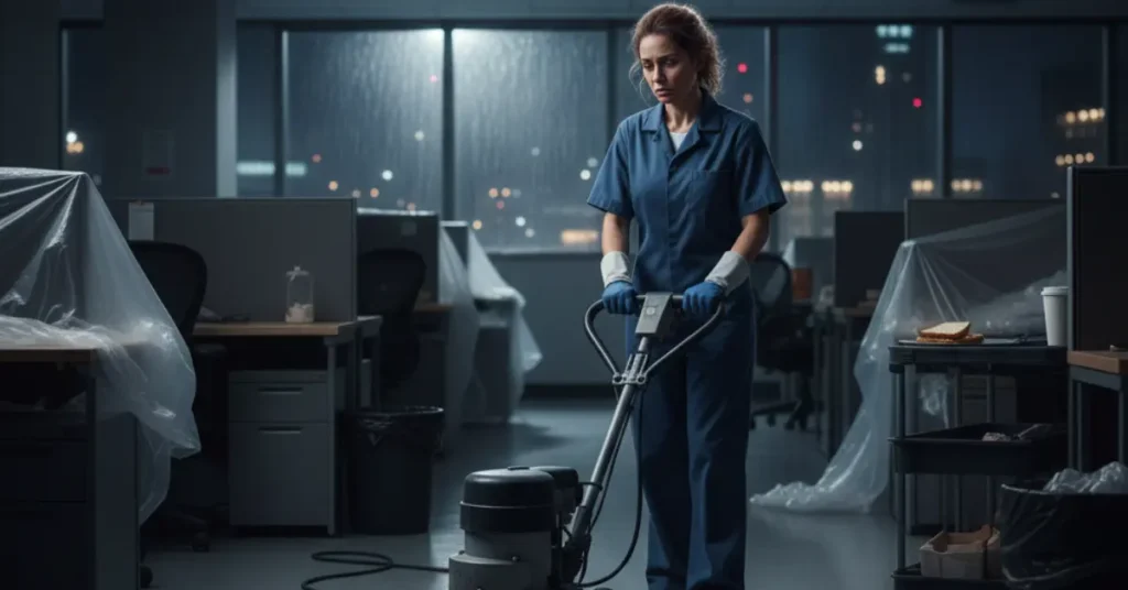 Burnout uma mulher profissional de limpeza limpando um escritório