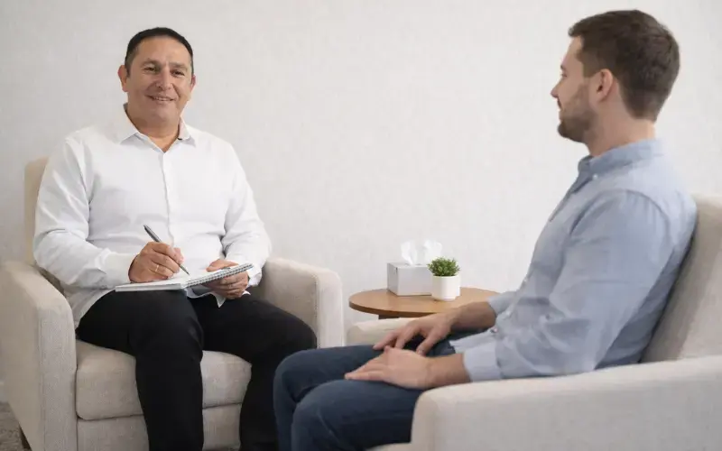 Ilustração de duas pessoas conversando sentadas em sofás