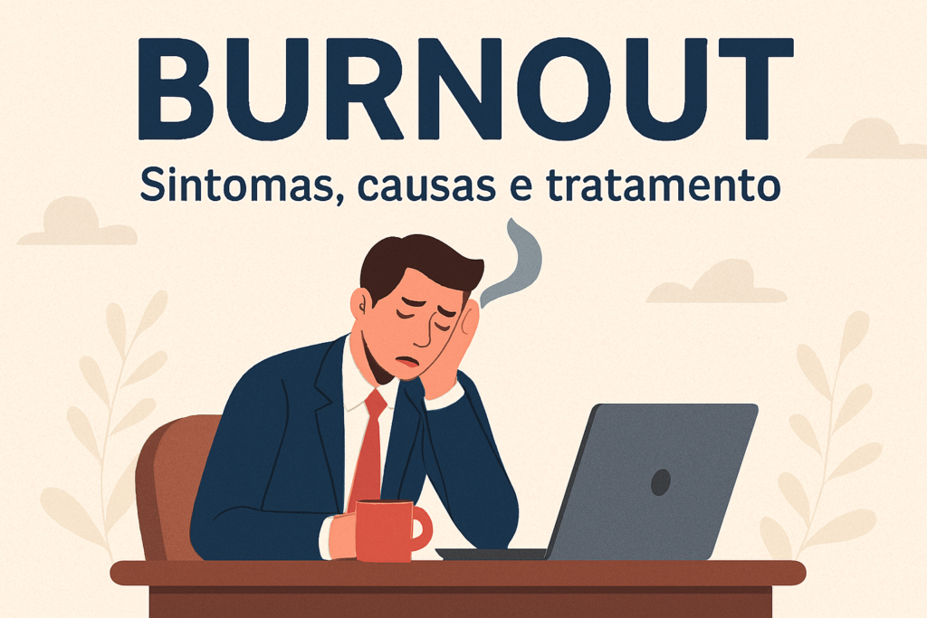 Imagem destacada sobre burnout com profissional exausta em ambiente de trabalho, representando sintomas de esgotamento emocional