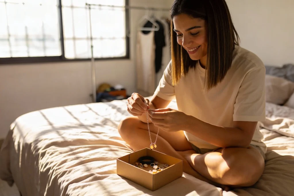 Uma mulher guardando joias numa caixa