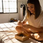 Uma mulher guardando joias numa caixa