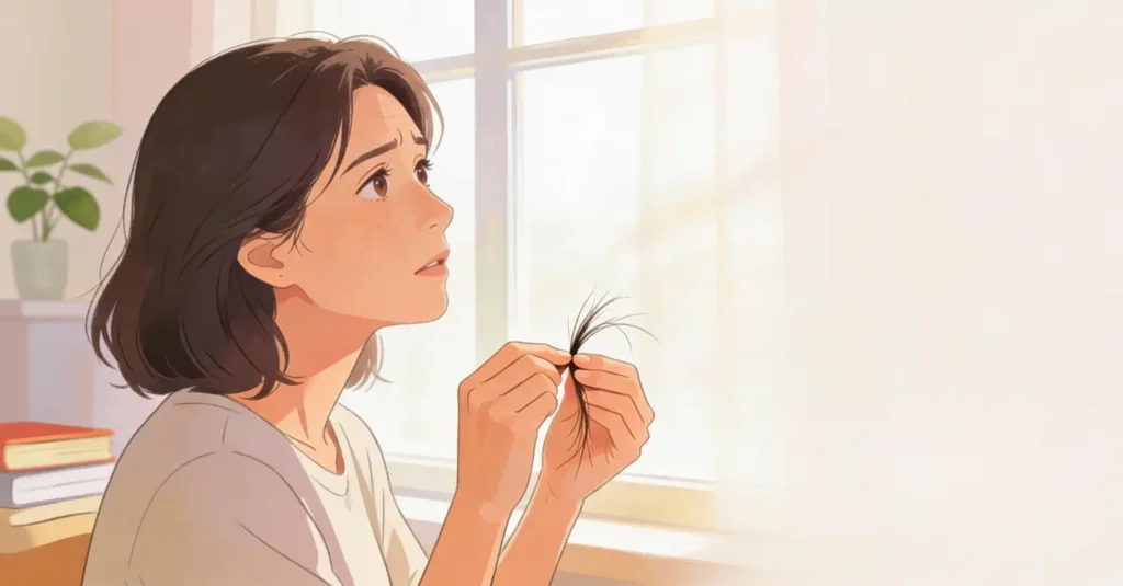 Mulher segurando cabelos arrancados nas mãos, representando a tricotilomania.