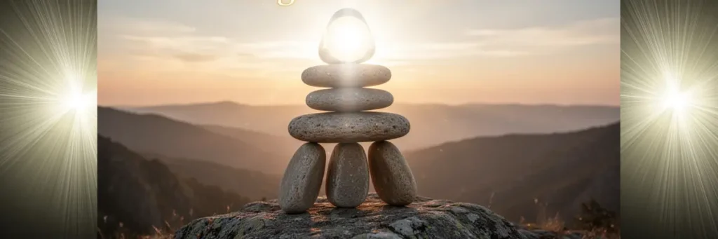 Imagem de uma pilha de pedras perfeitamente equilibradas no topo de uma montanha durante o nascer do sol. A pedra do topo, a "primeira", emite um brilho dourado suave e quente, simbolizando o "Reino de Deus". As pedras abaixo dela, que sustentam a estrutura , mostrando que a vida diária está alinhada e equilibrada sob a luz da prioridade principal. O fundo é uma paisagem vasta e iluminada, transmitindo paz e propósito.