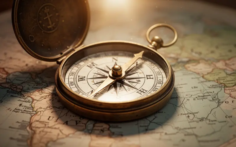 Uma bússola antiga e elegante apontando firmemente para a luz sobre um mapa levemente desfocado, simbolizando a busca por direção, prioridades corretas e o alinhamento com o Reino de Deus