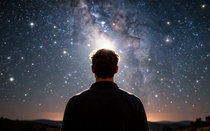 Uma pessoa de costas em silhueta, olhando para um céu estrelado brilhante, transmitindo um momento de intimidade, reflexão pessoal e conexão espiritual com o divino