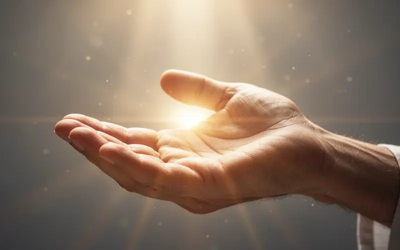 Imagem conceitual e iluminada mostrando uma mão aberta em um gesto de doação, transmitindo paz e amor incondicional, e inspirador