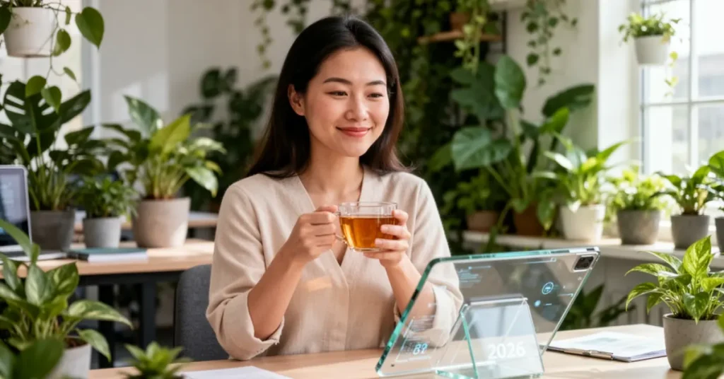 Fotografia de uma pessoa com expressão serena e sorriso leve segurando uma xícara de chá em um ambiente de trabalho moderno, bem iluminado e cercado por plantas. Sobre a mesa, um tablet de vidro transparente com design sutilmente futurista. A imagem transmite uma sensação de paz, resiliência e qualidade de vida, ilustrando o conceito atualizado de bem-estar e saúde mental em 2026.