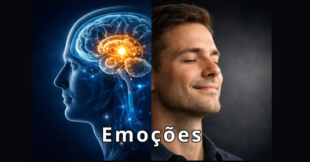 ilustração de um homem de um lado e o a imagem de outro homem com a imagem da amigdála, simbolizando Emoção: Emoção primaria