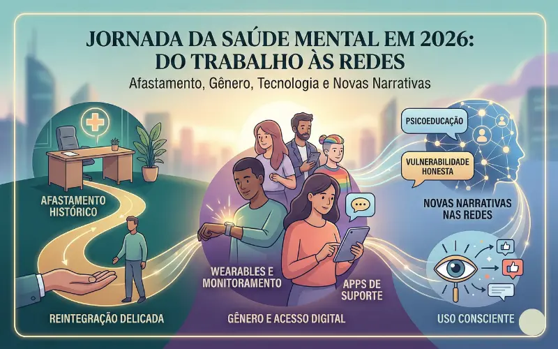 Uma ilustração moderna em estilo digital, horizontal (800x500 px), dividida em três seções interconectadas. No lado esquerdo, em tons de azul e dourado, uma mesa de escritório vazia com uma cruz médica e um caminho guiado para uma figura que retorna (AFASTAMENTO E REINTEGRAÇÃO). No meio, em tons de roxo e coral, mulheres e pessoas de diferentes gêneros usando wearables e tablets com ícones de chat (TECNOLOGIA, GÊNERO E SUPORTE DIGITAL). No lado direito, em tons de azul e gold, uma rede de conexões formando um perfil com balões de fala sobre psicoeducação e vulnerabilidade honesta (NOVAS NARRATIVAS NAS REDES). No topo, o texto em português: 'JORNADA DA SAÚDE MENTAL EM 2026: DO TRABALHO ÀS REDES'.