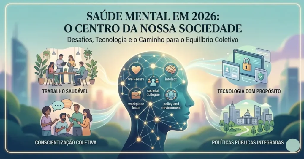 Uma ilustração moderna em estilo digital, horizontal (800x500 px), dividida em três seções interconectadas. No lado esquerdo, em tons de azul e dourado, uma mesa de escritório vazia com uma cruz médica e um caminho guiado para uma figura que retorna (AFASTAMENTO E REINTEGRAÇÃO). No meio, em tons de roxo e coral, mulheres e pessoas de diferentes gêneros usando wearables e tablets com ícones de chat (TECNOLOGIA, GÊNERO E SUPORTE DIGITAL). No lado direito, em tons de azul e gold, uma rede de conexões formando um perfil com balões de fala sobre psicoeducação e vulnerabilidade honesta (NOVAS NARRATIVAS NAS REDES). No topo, o texto em português: 'JORNADA DA SAÚDE MENTAL EM 2026: DO TRABALHO ÀS REDES'.