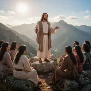 Que é o amor de Deus: Jesus ensinado o amor de Deus no monte para as mulheres.