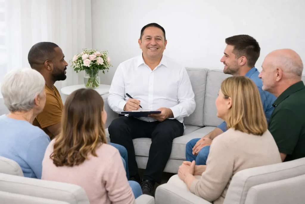 Sobre mim, fazendo terapia emocional em grupo