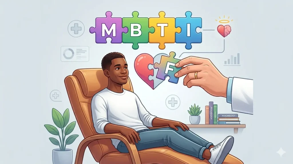"Ilustração minimalista de pessoa em terapia com quebra-cabeça MBTI, simbolizando autoconhecimento e saúde mental acolhedora."