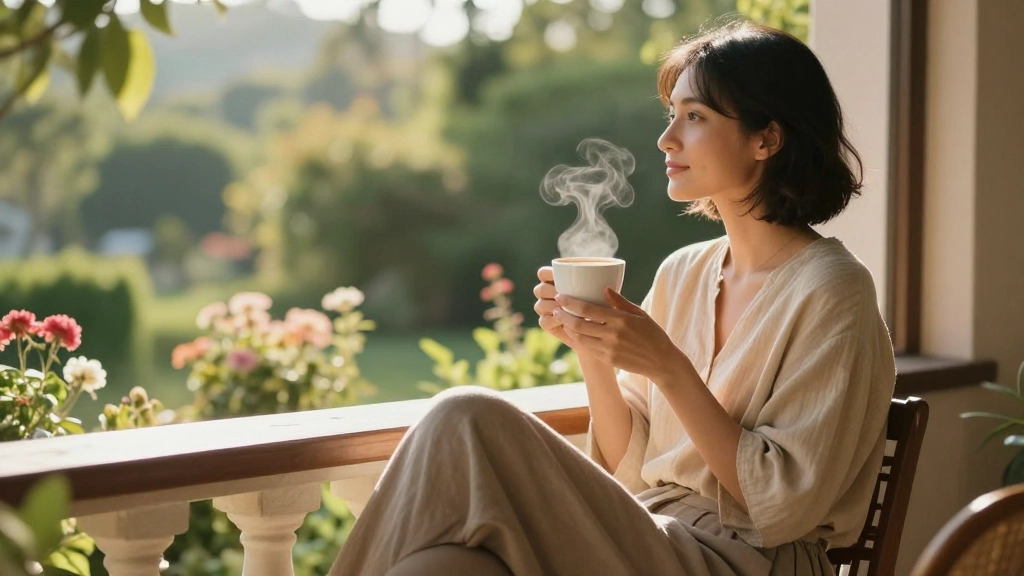 Uma pessoa relaxada em uma varanda ensolarada.