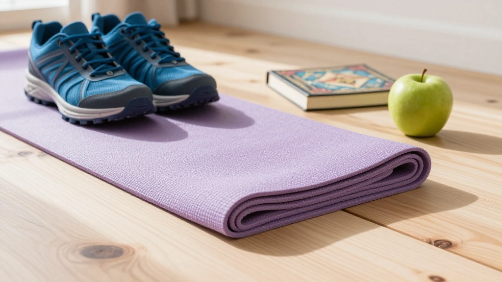 Tapete de yoga, frutas e livro de meditação sobre mesa de madeira.