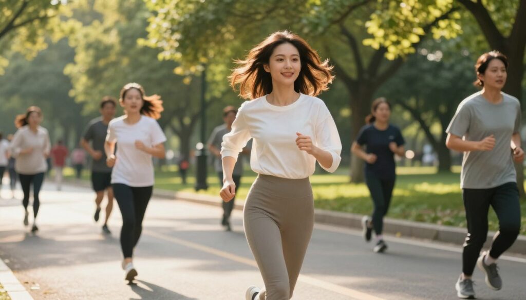 Pessoas correndo numa rua de praça após a jornada de trabalho