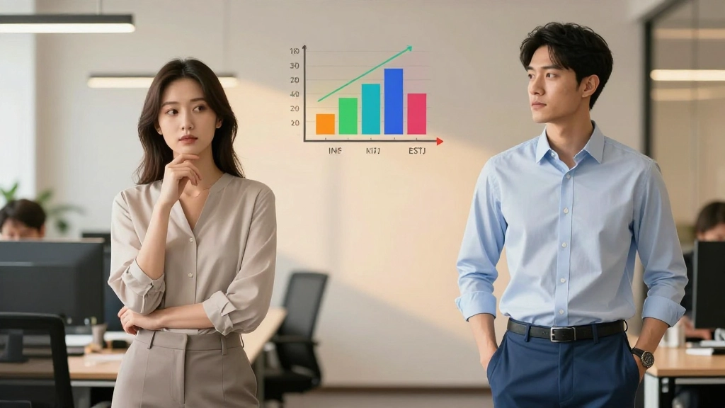 "Ilustração moderna de escritório com dois profissionais (reflexivo e ativo) e gráficos de energia, simbolizando a diversidade de personalidades MBTI e saúde mental no trabalho."