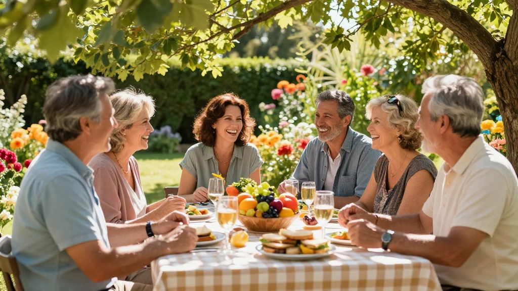 Grupo de amigos conversando de forma acolhedora em um jardim