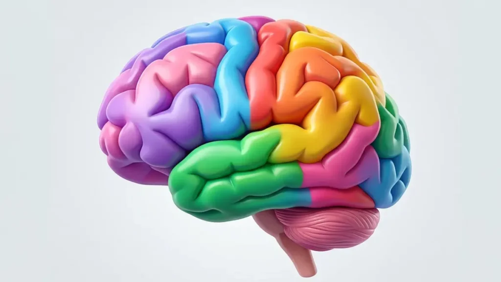 "Ilustração de cérebro colorido representando as 16 personalidades do teste MBTI e saúde mental."