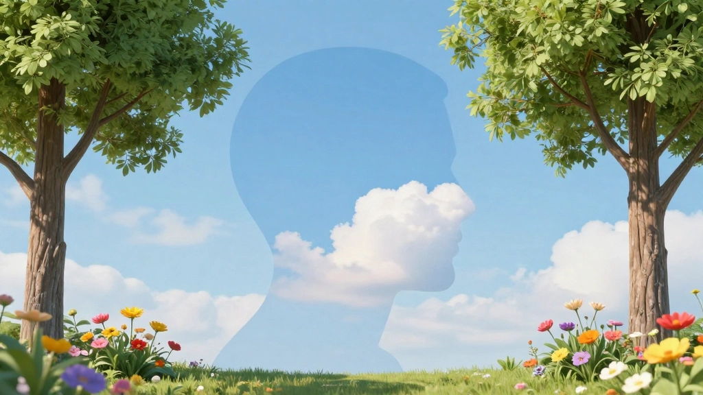 Ilustração de silhueta humana com céu azul representando clareza mental., desvendando a Saúde Mental: Um Olhar para o Bem-Estar em 2026