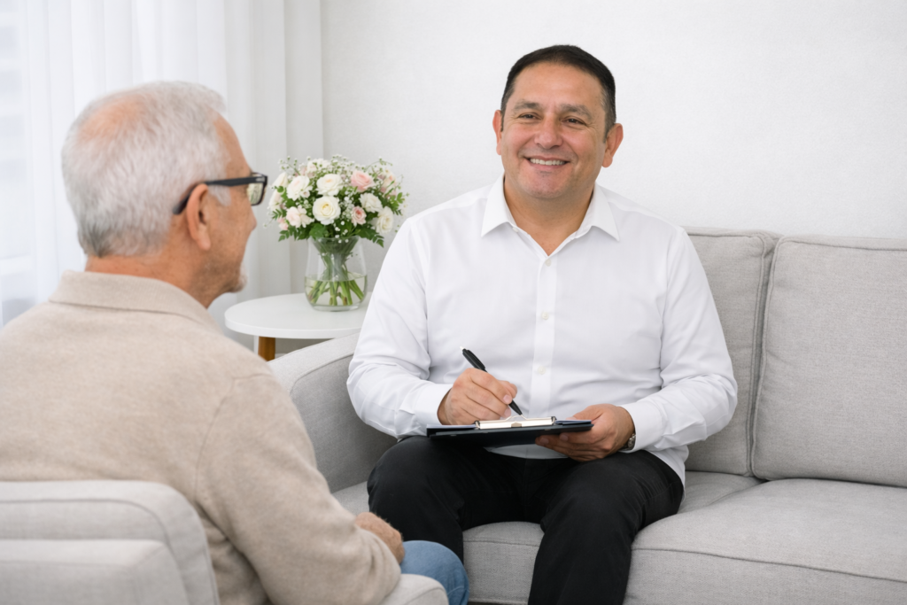 um idoso consultando com um Terapeuta emocional, profissional da saúde mental