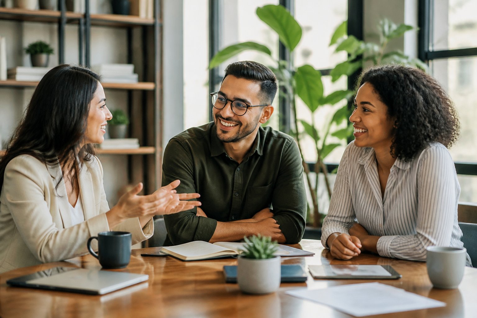 Comunicação Interpessoal: Três profissionais praticando comunicação interpessoal em uma mesa de reunião em um escritório moderno.