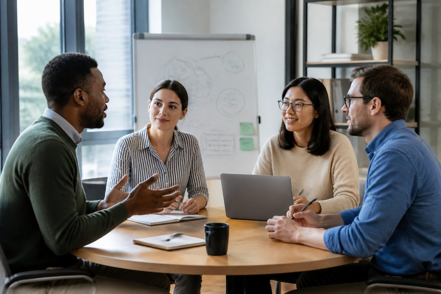 Quatro colegas praticando comunicação interpessoal em reunião colaborativa em escritório moderno.