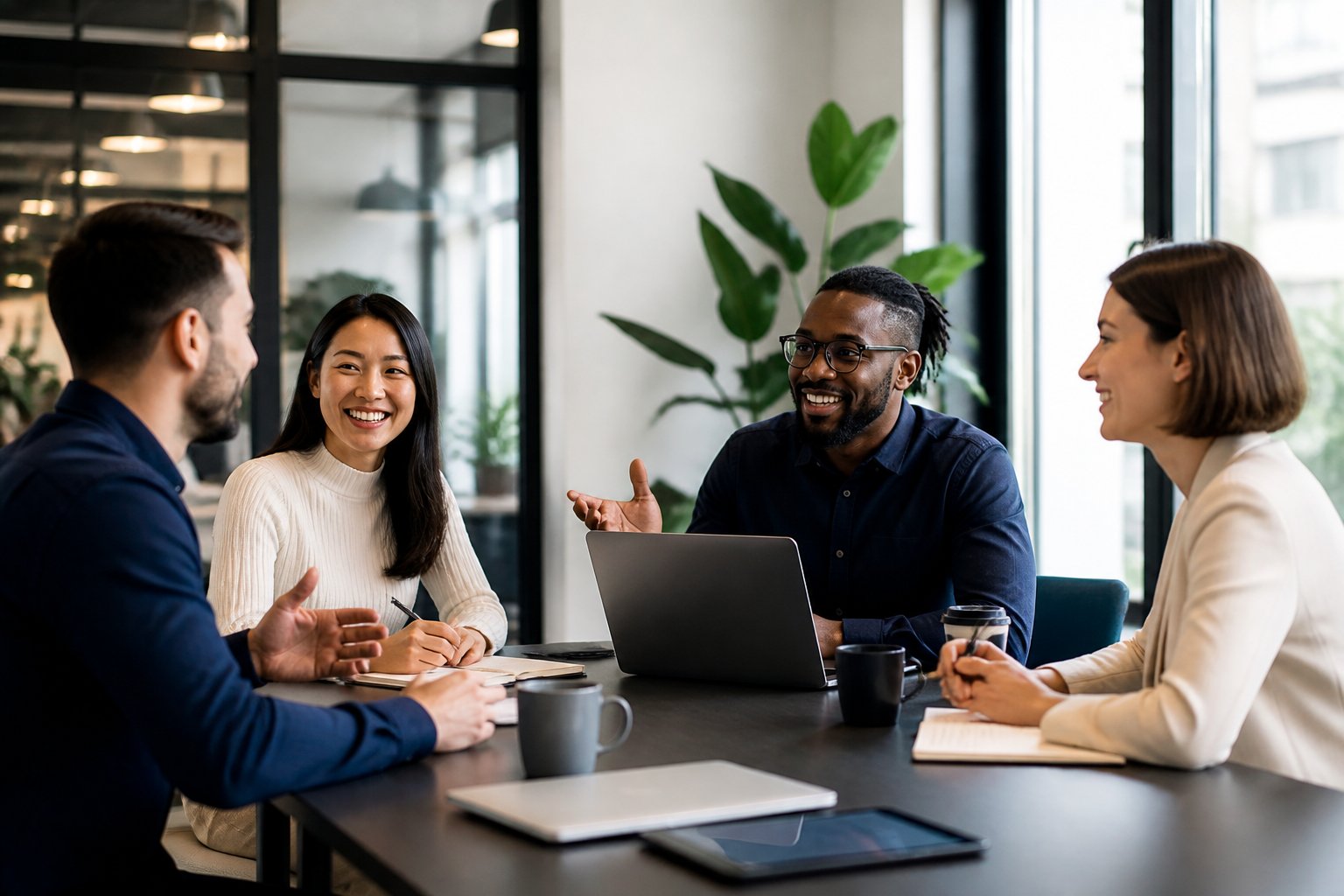 Quatro colegas diversos conversando de forma amigável e colaborativa em uma mesa de reunião em um escritório moderno e iluminado.